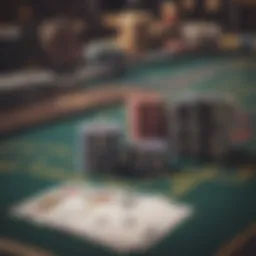 Visual representation of a blackjack table setup with cards and chips.