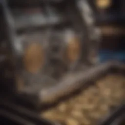 A close-up view of a coin pusher machine showcasing the mechanics inside.