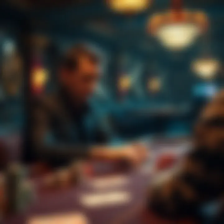 A player strategizing while playing poker at a dimly lit table