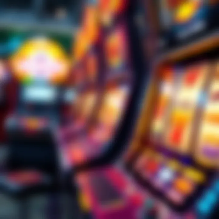 A close-up of a slot machine with bright lights and symbols