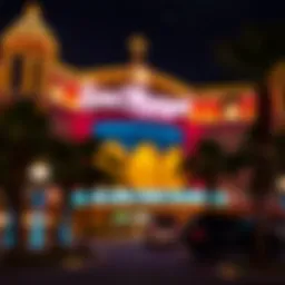 A stunning view of San Manuel Casino at night, showcasing its vibrant exterior lights.