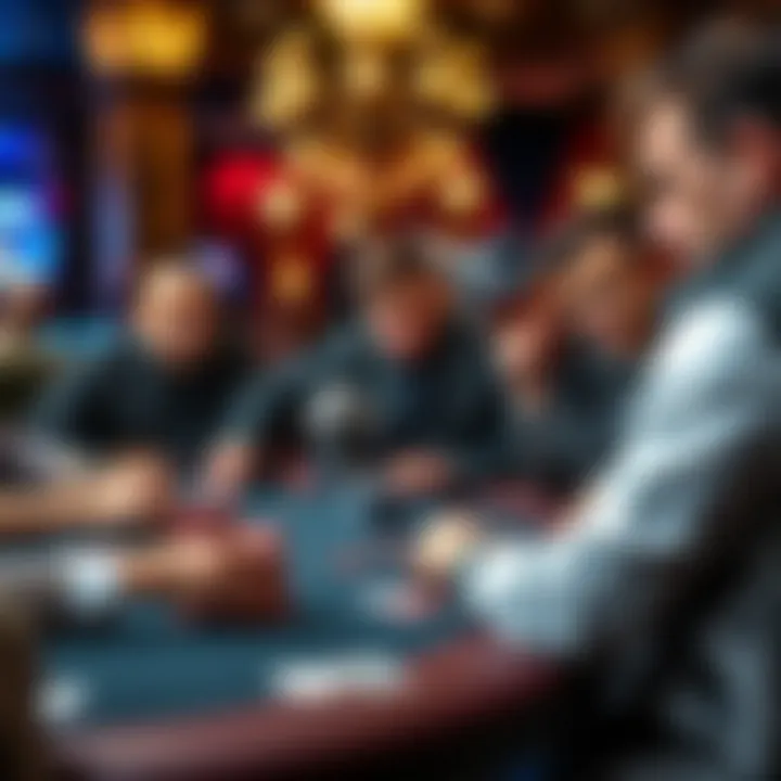 Intense Poker Action at the Table Table of poker players engaged in a competitive game