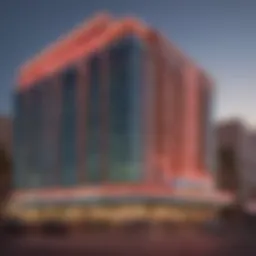 Stunning exterior view of the new downtown Vegas hotel showcasing modern architectural features