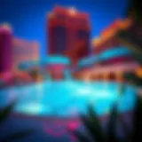 A panoramic view of a Las Vegas hotel featuring a vibrant water slide