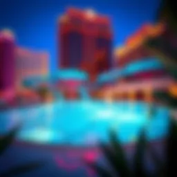 A panoramic view of a Las Vegas hotel featuring a vibrant water slide