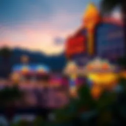 A serene view of a lakeside casino at dusk