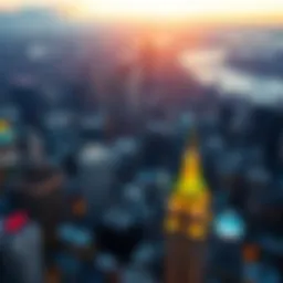 Aerial view of New York City skyline with digital casino icons overlay