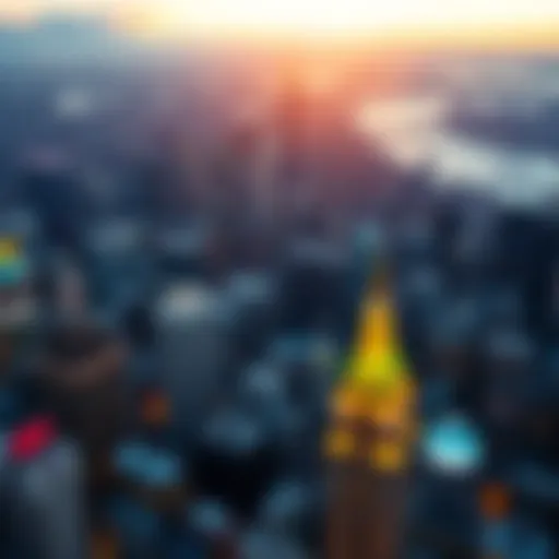 Aerial view of New York City skyline with digital casino icons overlay