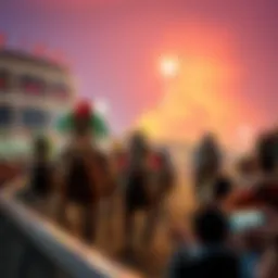 A vibrant horse racing scene with enthusiastic spectators