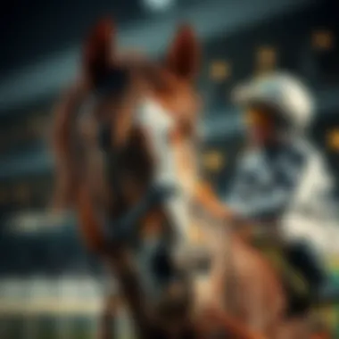 Racehorse and Jockey Ready to Compete Close up of racehorse with jockey in racing gear