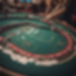 An intricate layout of a blackjack table with cards and chips