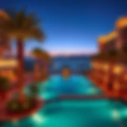 A breathtaking view of a luxury resort pool surrounded by palm trees and cabanas